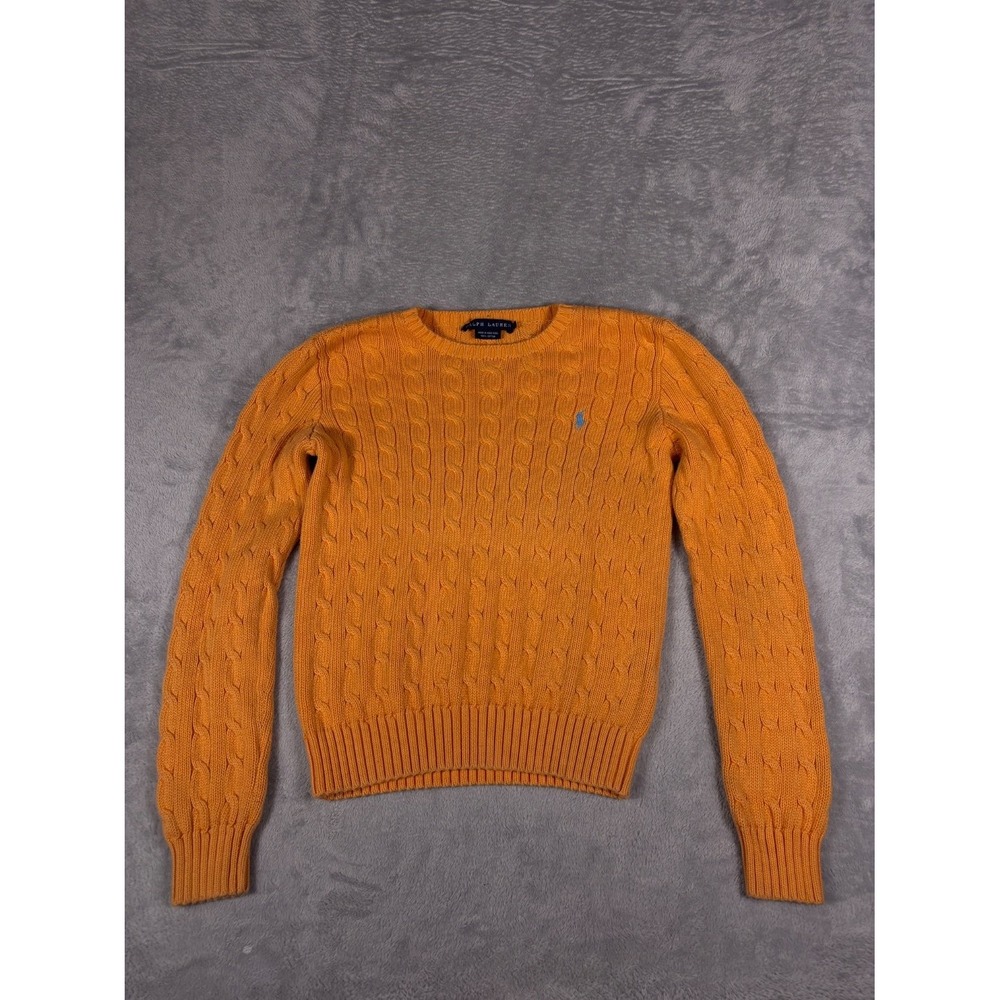 Vintage Ralph Lauren Cable Knit Sweater Womens M Orange Crew Neck Long Sleeve